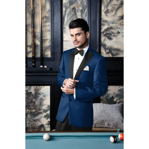 Indigo Blue with  Black Satin Peak Lapel Tuxedo Dinner Jacket Slim Fit